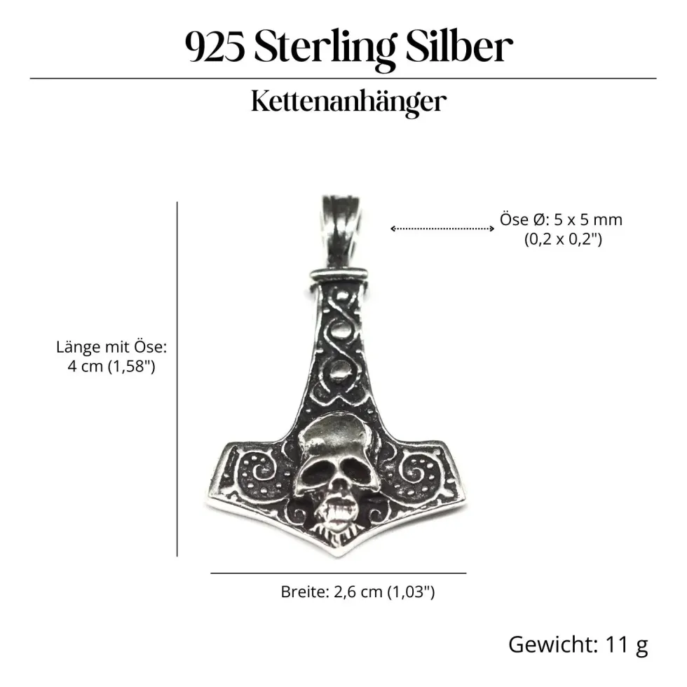 Thors Hammer Totenkopf Schmuck Anhänger aus Silber 925