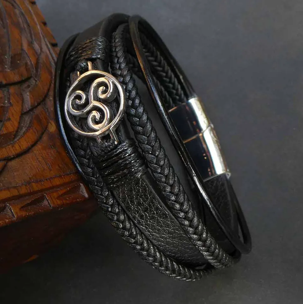 Triskel Armband Leder mit Edelstahl Klick Verschluss Damen Herren
