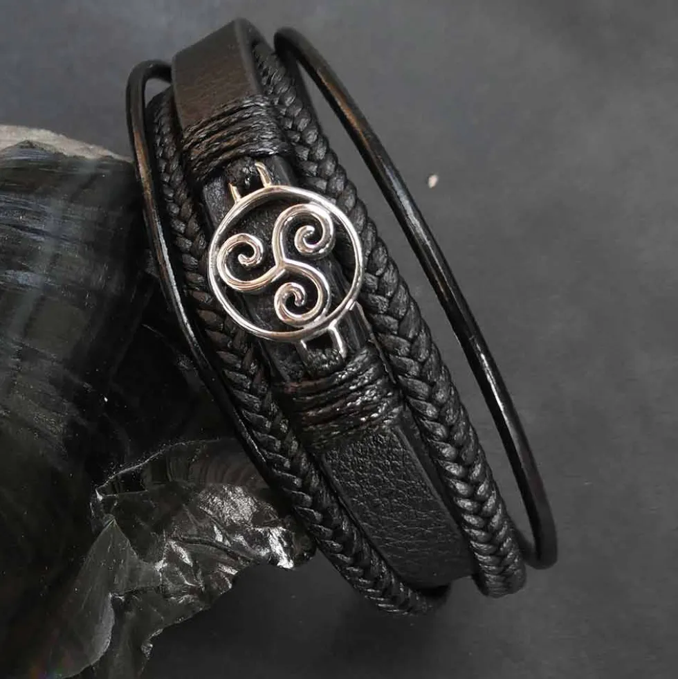 Triskel Armband Leder mit Edelstahl Klick Verschluss Damen Herren