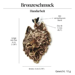 Wolf Kette Anhänger Schmuck Bronze Wolfskopf