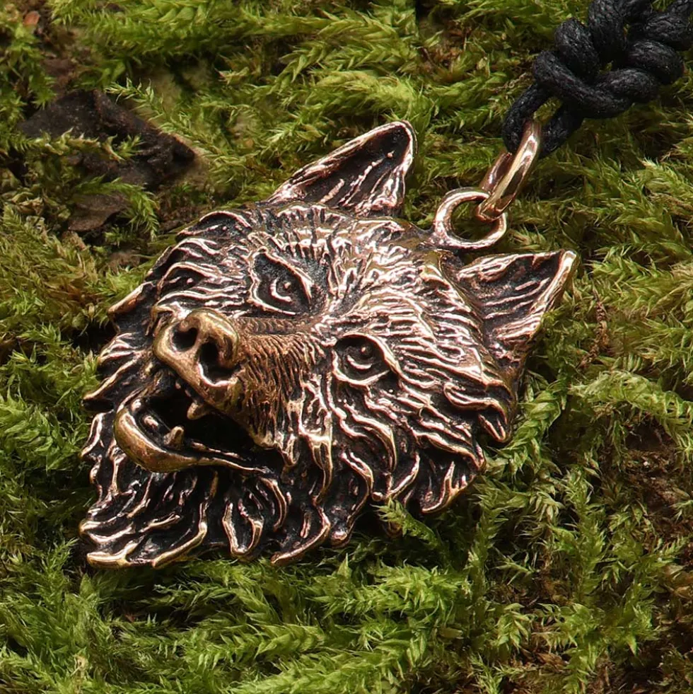 Wolf Kette Anhänger Schmuck Bronze Wolfskopf