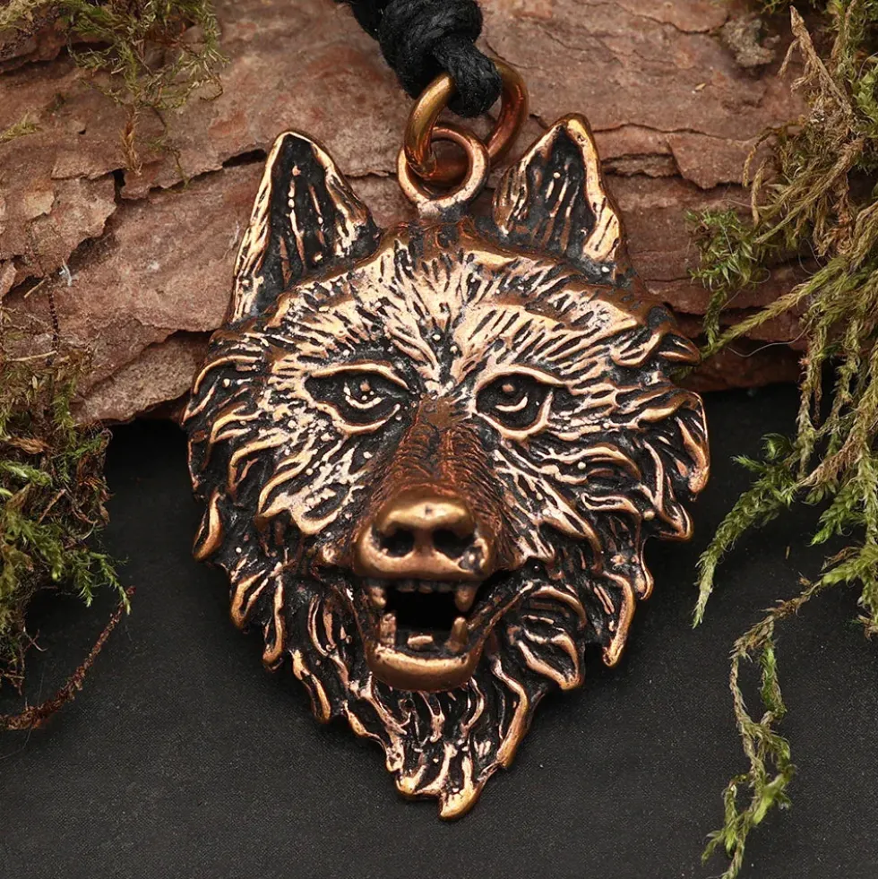 Wolf Kette Anhänger Schmuck Bronze Wolfskopf