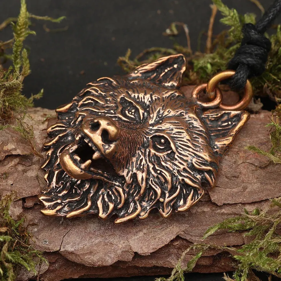 Wolf Kette Anhänger Schmuck Bronze Wolfskopf