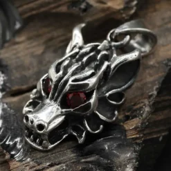 Wolf Schmuck Anhänger 925 Silber Wolfskopf rote Augen Zirkonia
