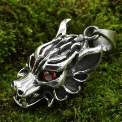 Wolf Schmuck Anhänger 925 Silber Wolfskopf rote Augen Zirkonia