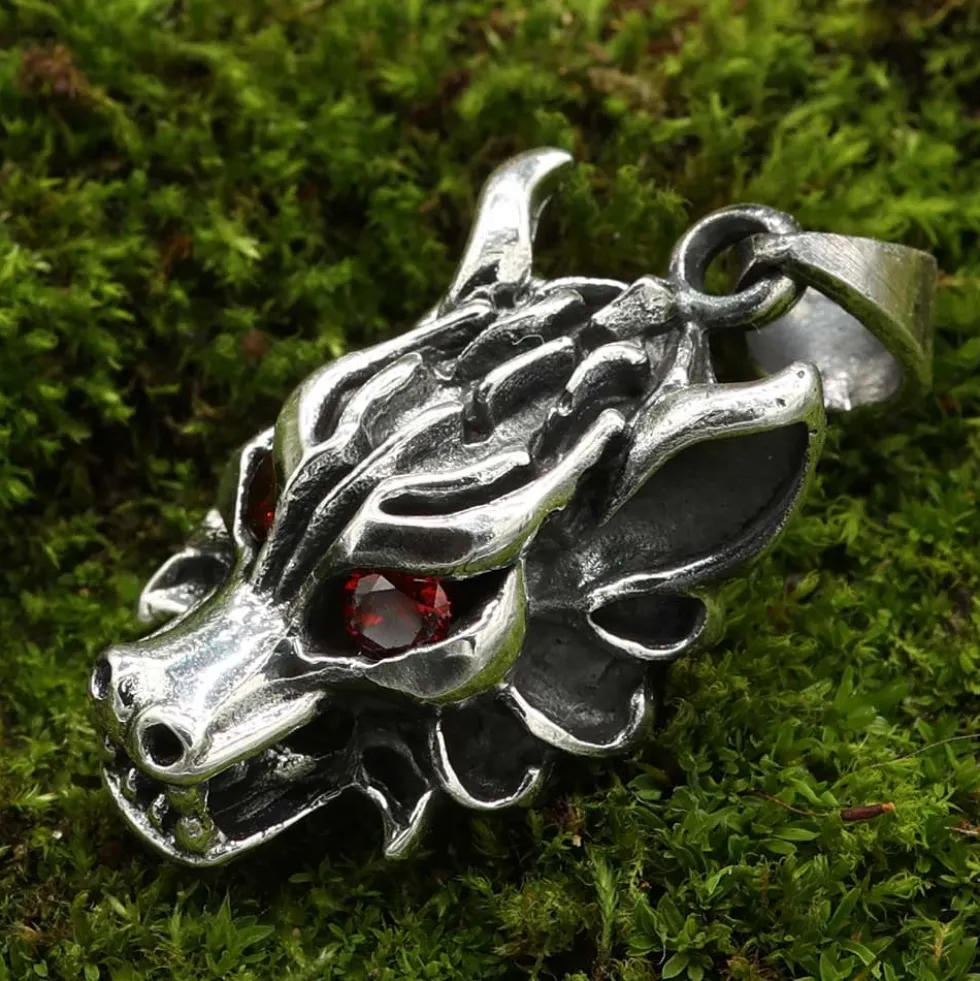 Wolf Schmuck Anhänger 925 Silber Wolfskopf rote Augen Zirkonia
