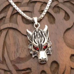Wolf Schmuck Anhänger 925 Silber Wolfskopf rote Augen Zirkonia