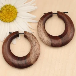 Zweifarbig gemaserte Holz Creole Ohrschmuck 5,5cm Holzohrring (Paar)